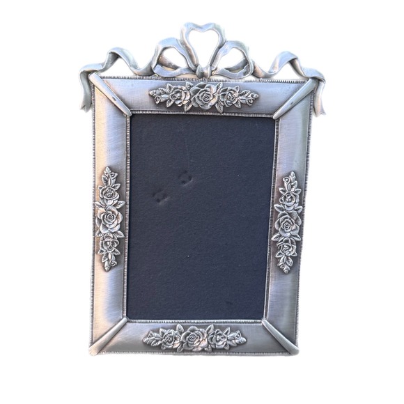 Other - Vintage 2004 Ornate Pewter Tone floral Rose & Ribbon 4x6 Picture Frame No Glass